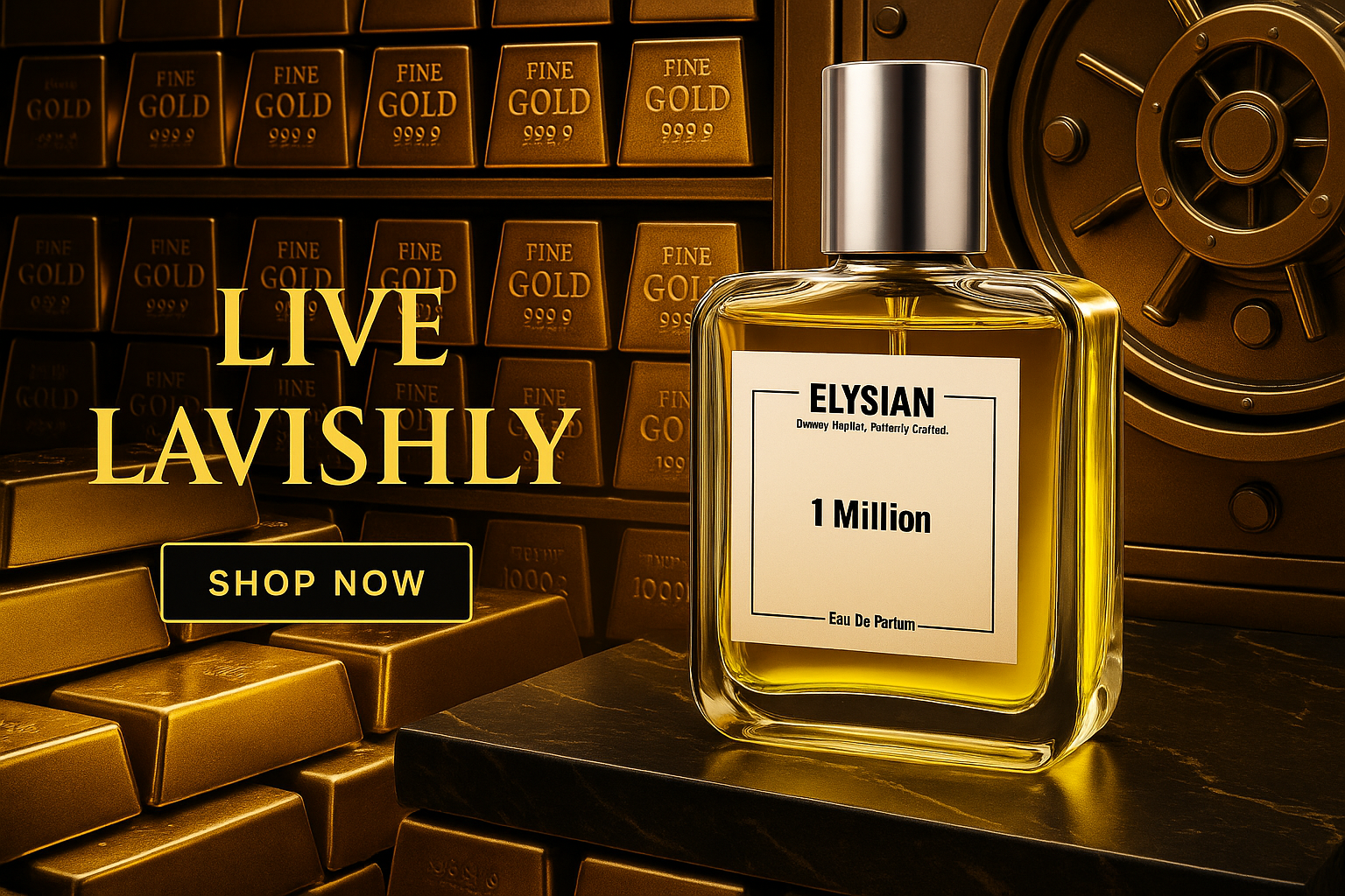 Elysian 1 Million perfume bottle with gold bars and 'Live Lavishly' text in the background