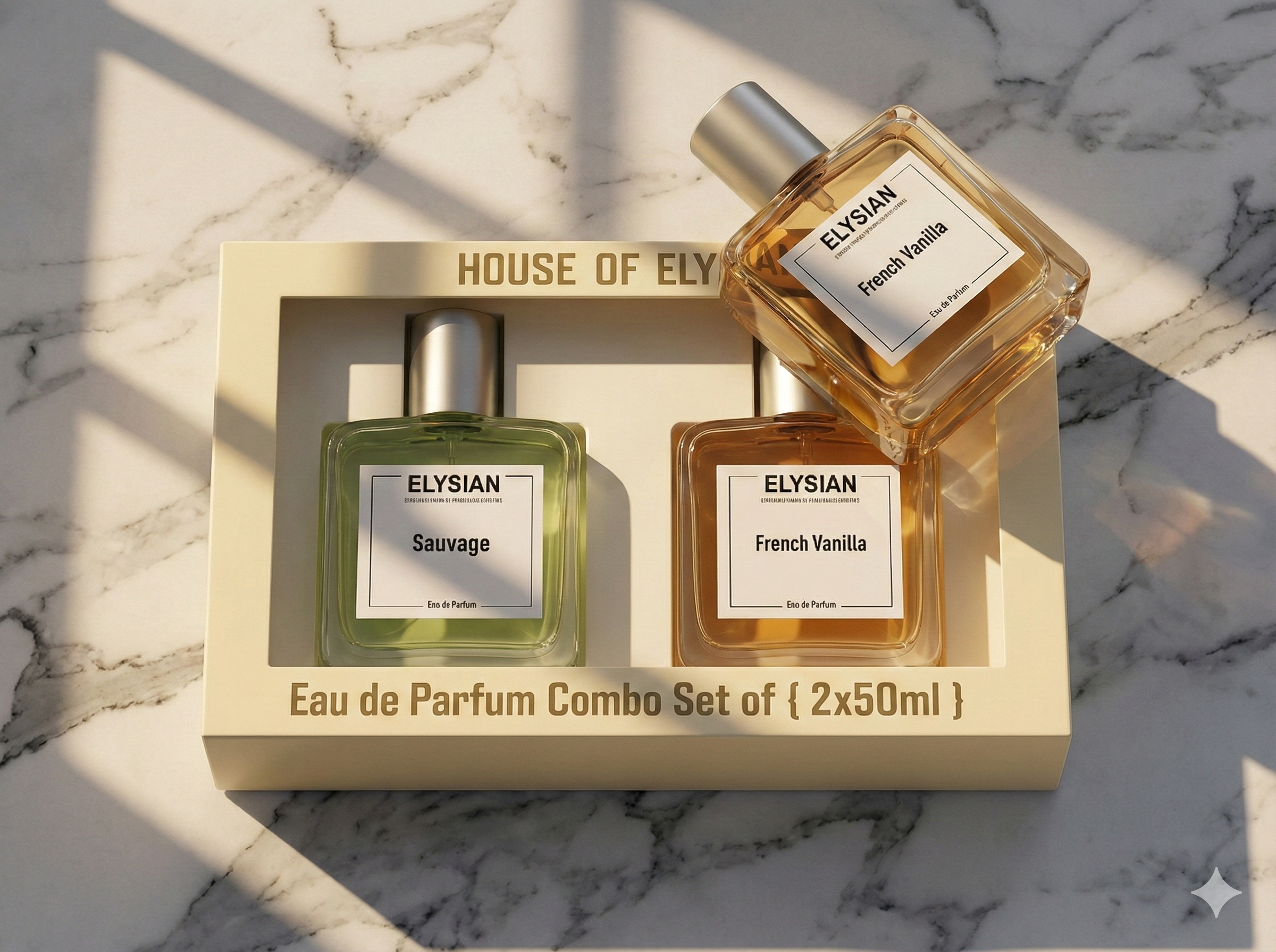 Elysian Eau de Parfum Combo Set on a marble surface