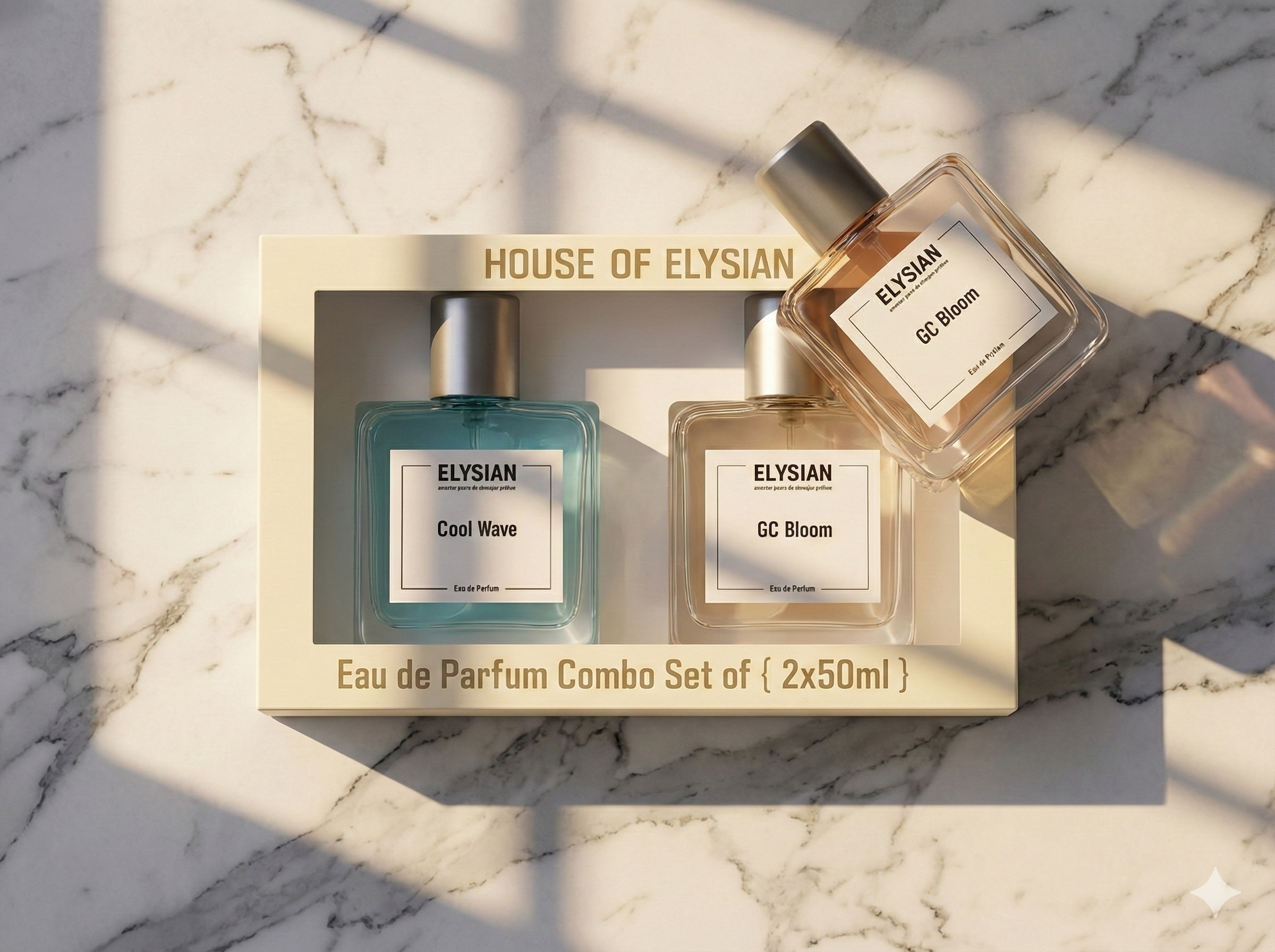 Elysian Eau de Parfum Combo Set on a marble surface