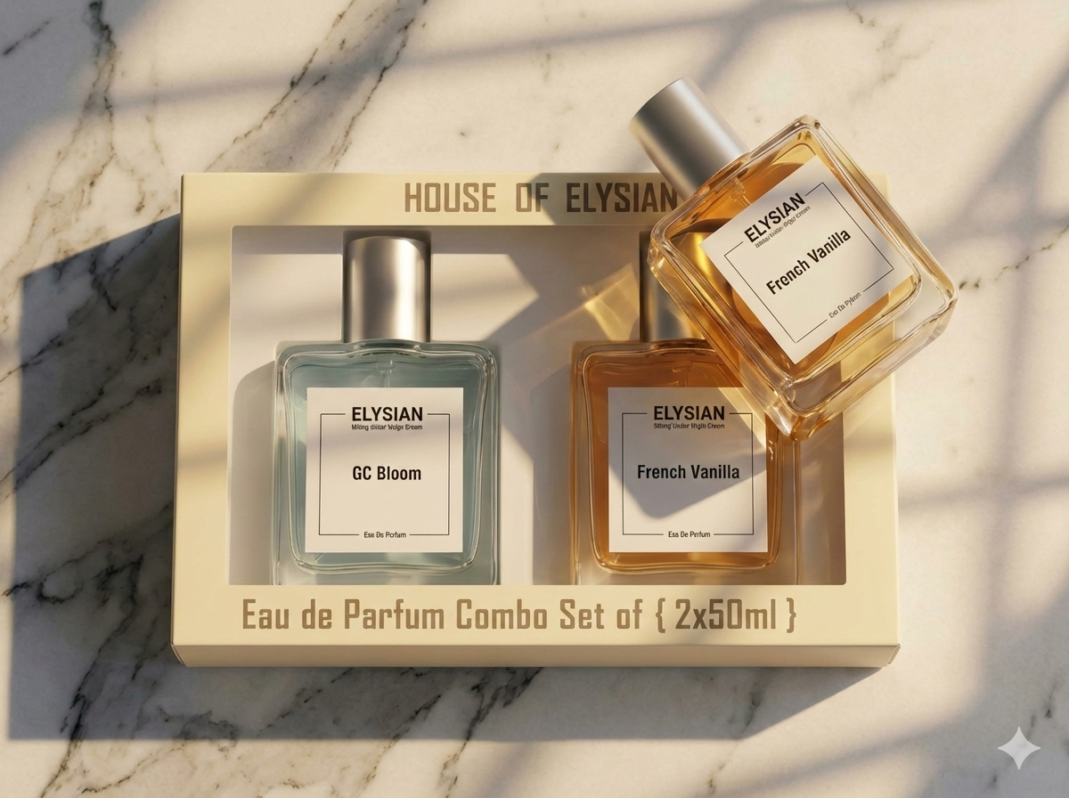 Elysian Eau de Parfum Combo Set of 2 on a marble surface