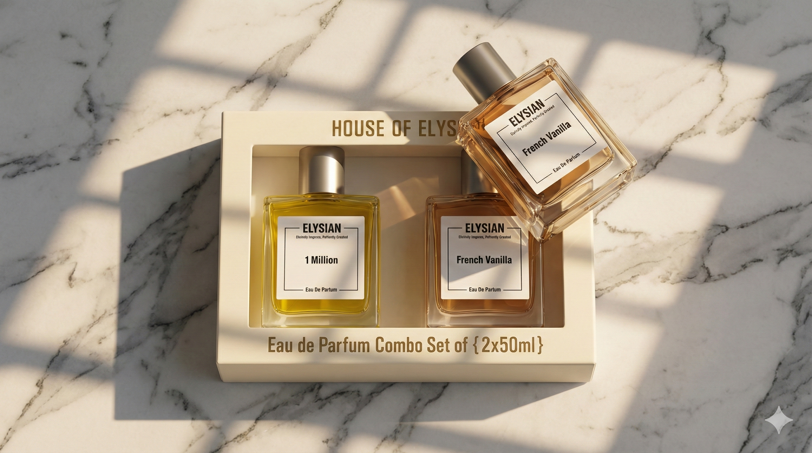 House of Elysian perfume set on a marble surface