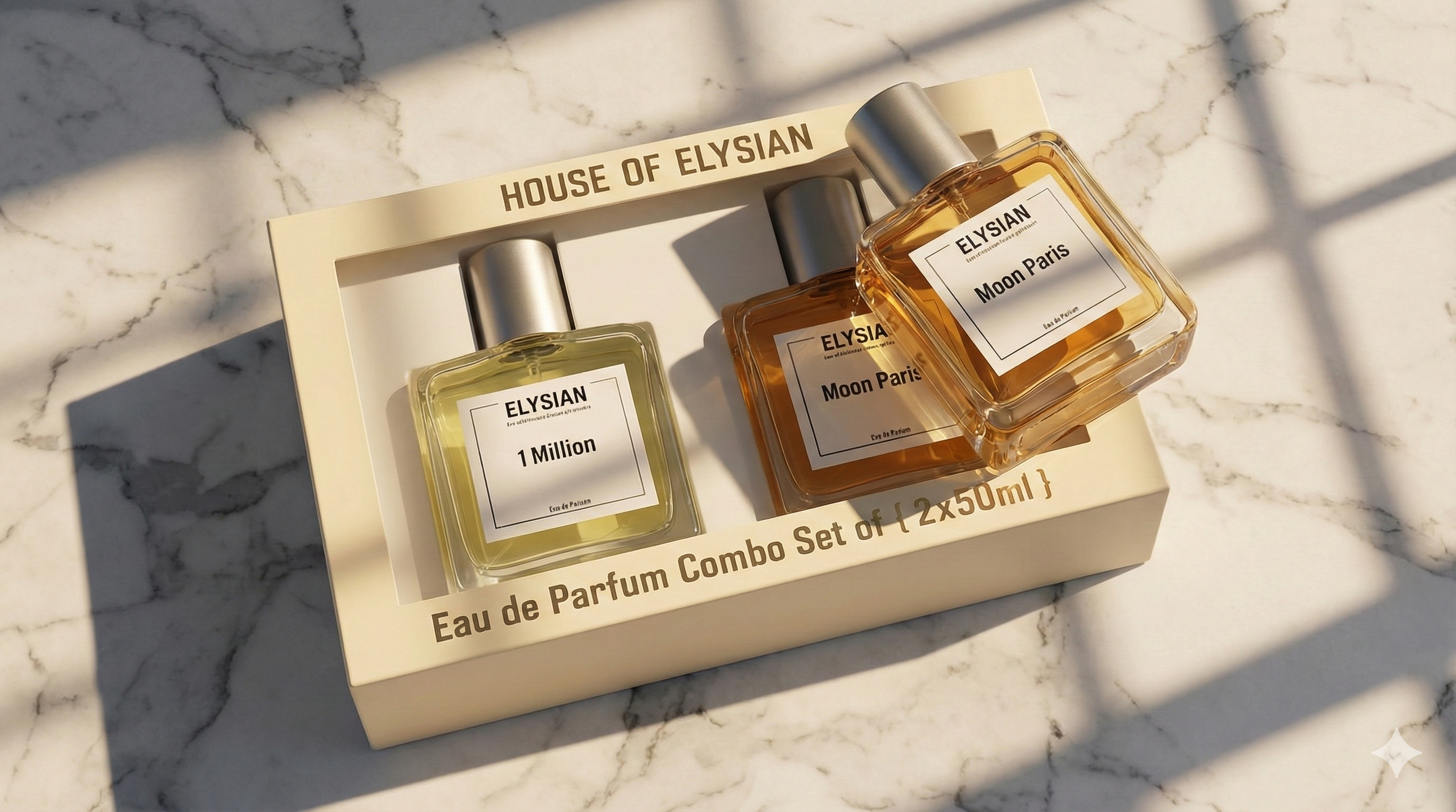 House of Elysian perfume set on a marble surface