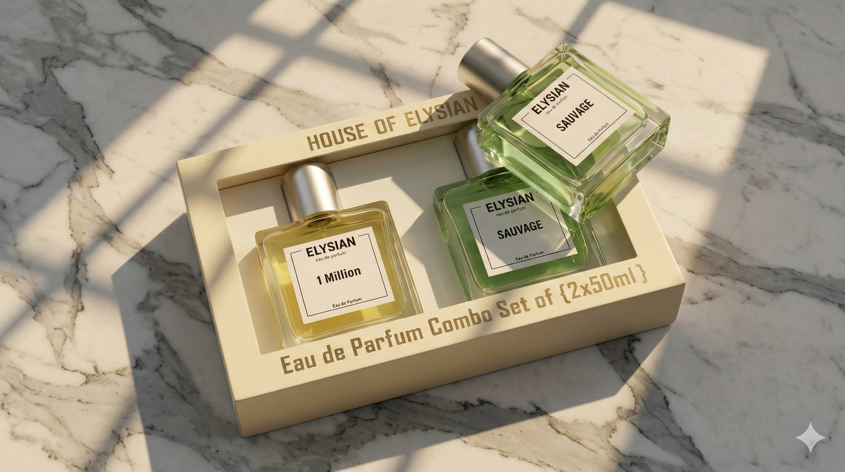 Elysian Eau de Parfum Combo Set on a marble surface