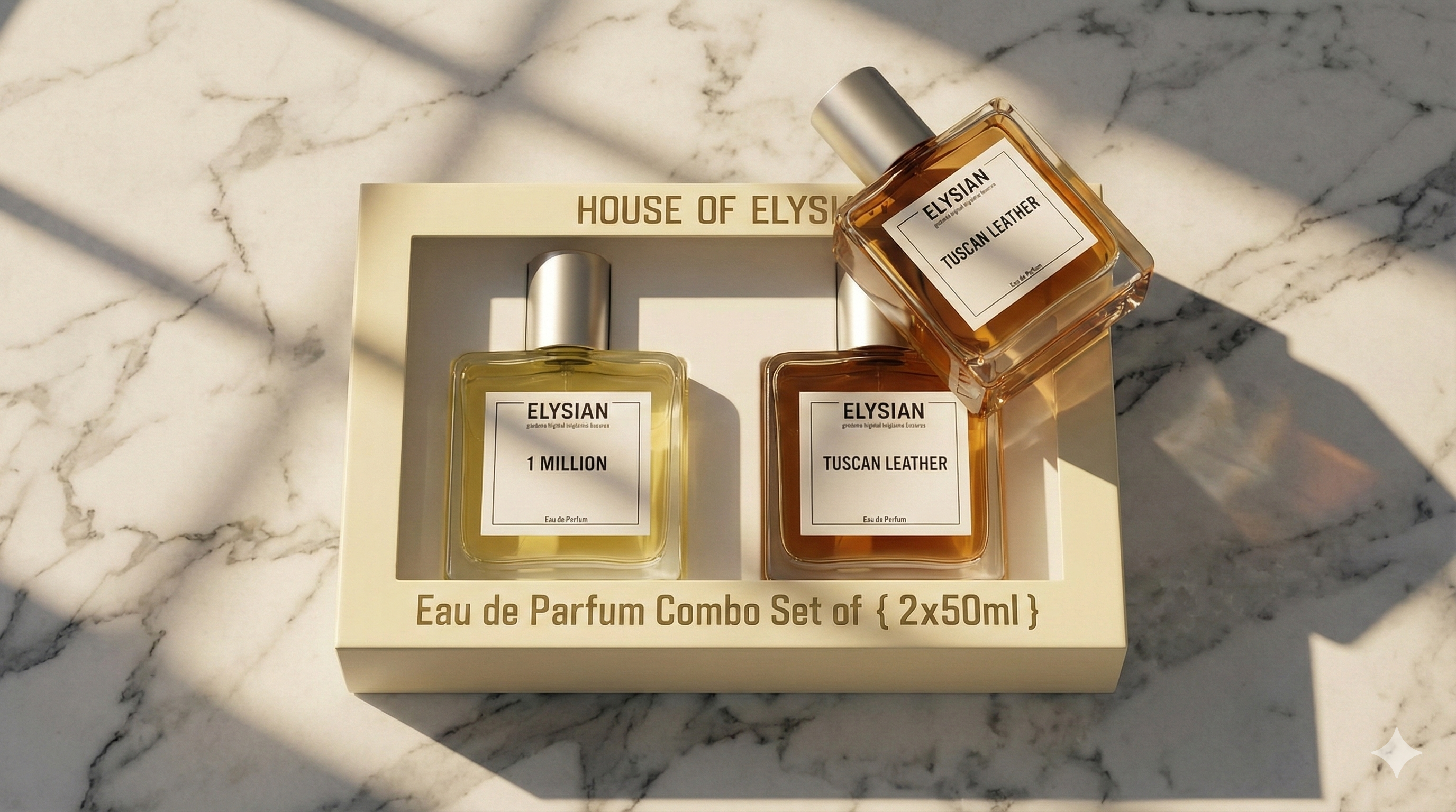 Elysius Eau de Parfum Combo Set on a marble surface