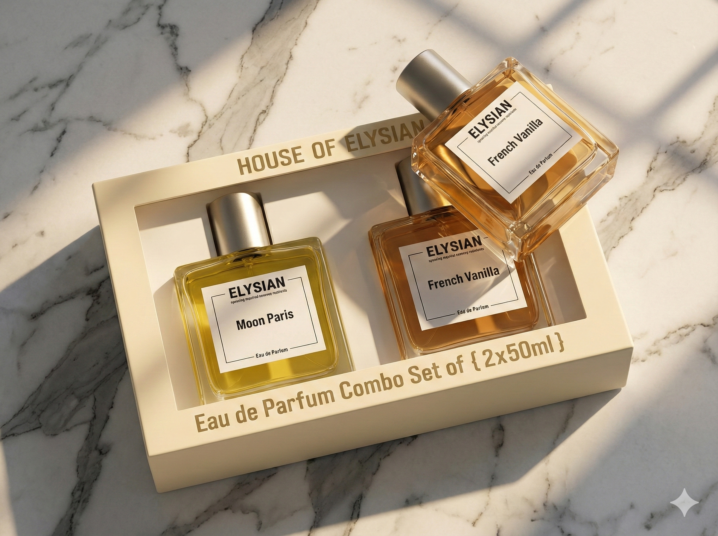 Two Elysian perfume bottles in a set on a marble surface