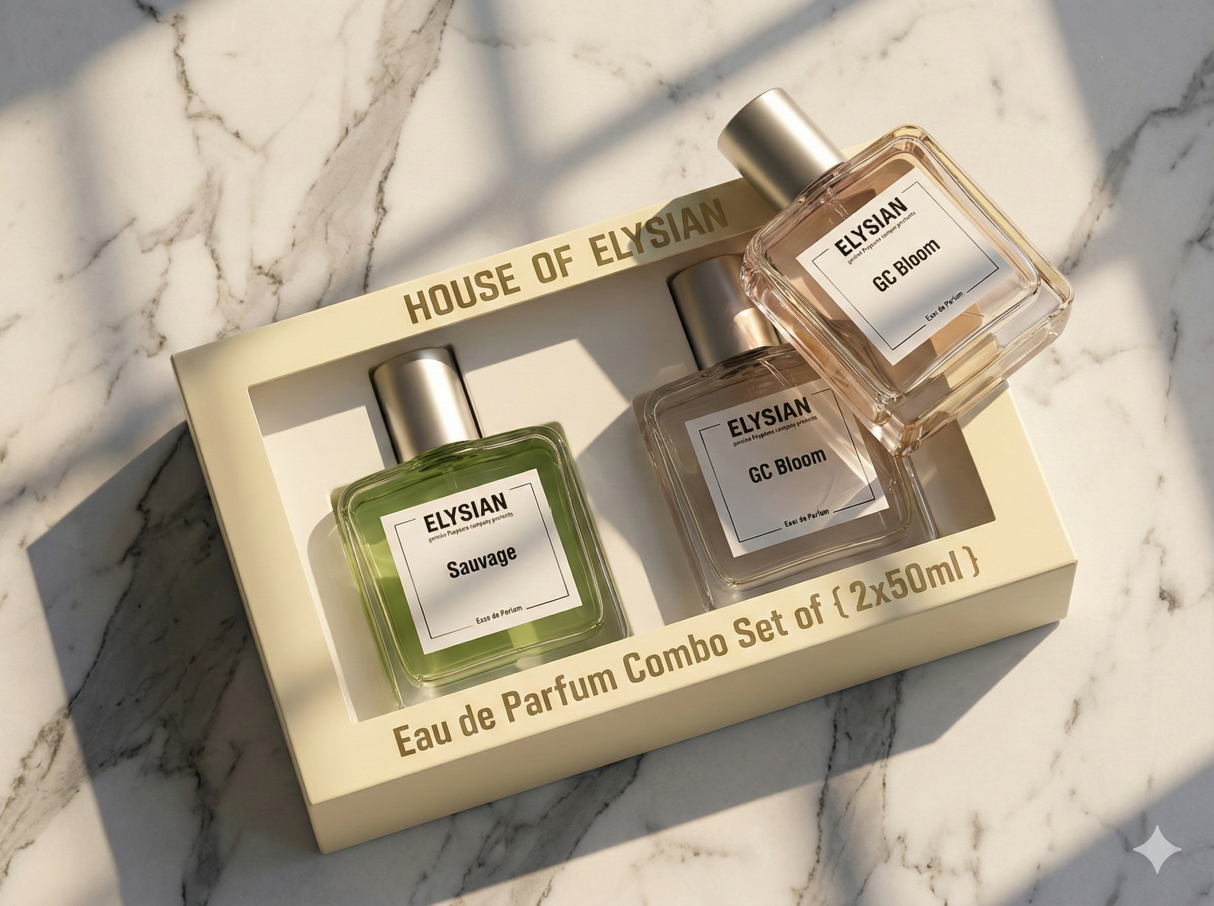 Two Elysian perfume bottles with their packaging on a marble surface