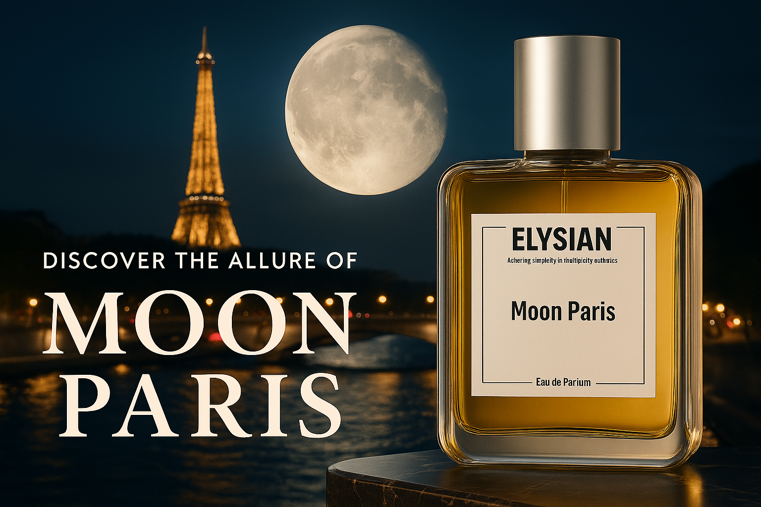 Elysian Moon Paris perfume bottle with Eiffel Tower and moon in the background
