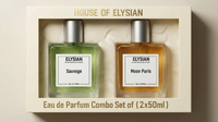 Two Elysian perfume bottles in a box with labels 'Sauvage' and 'Moon Paris'.