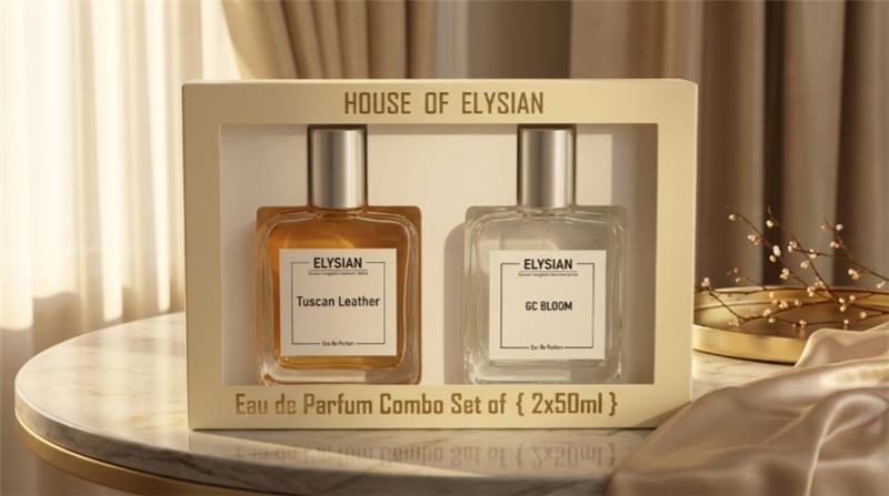 House of Elysian perfume set on a table with soft lighting