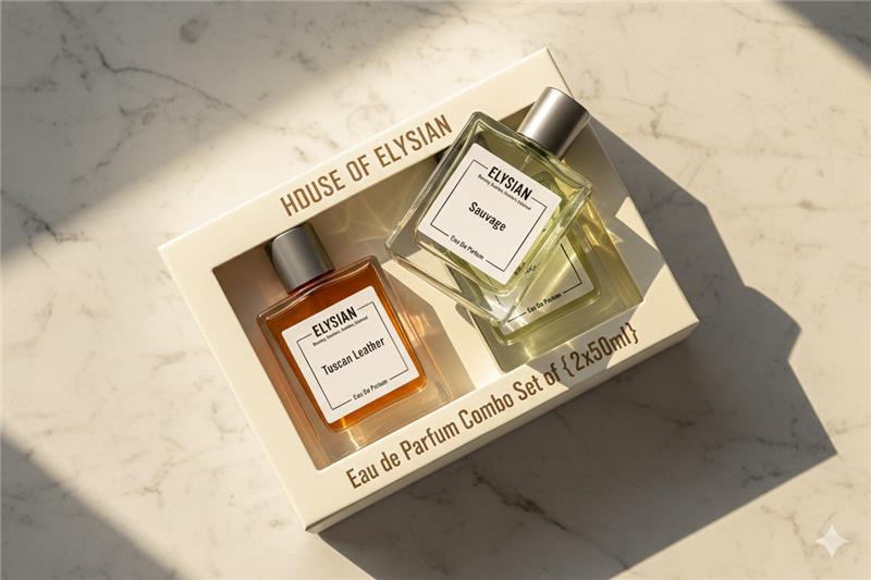 Two perfume bottles from House of Elysian in a box on a marble surface.