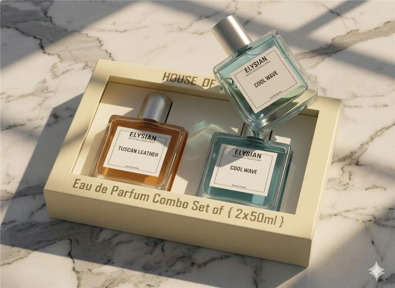 Elysian Eau de Parfum combo set on a marble surface
