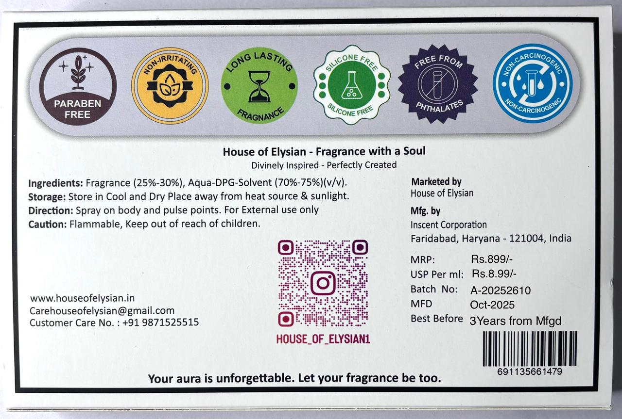 Product label with various certification logos and branding information for House of Elysian fragrance.