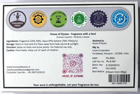 Product label with various certification logos and branding information for House of Elysian fragrance.