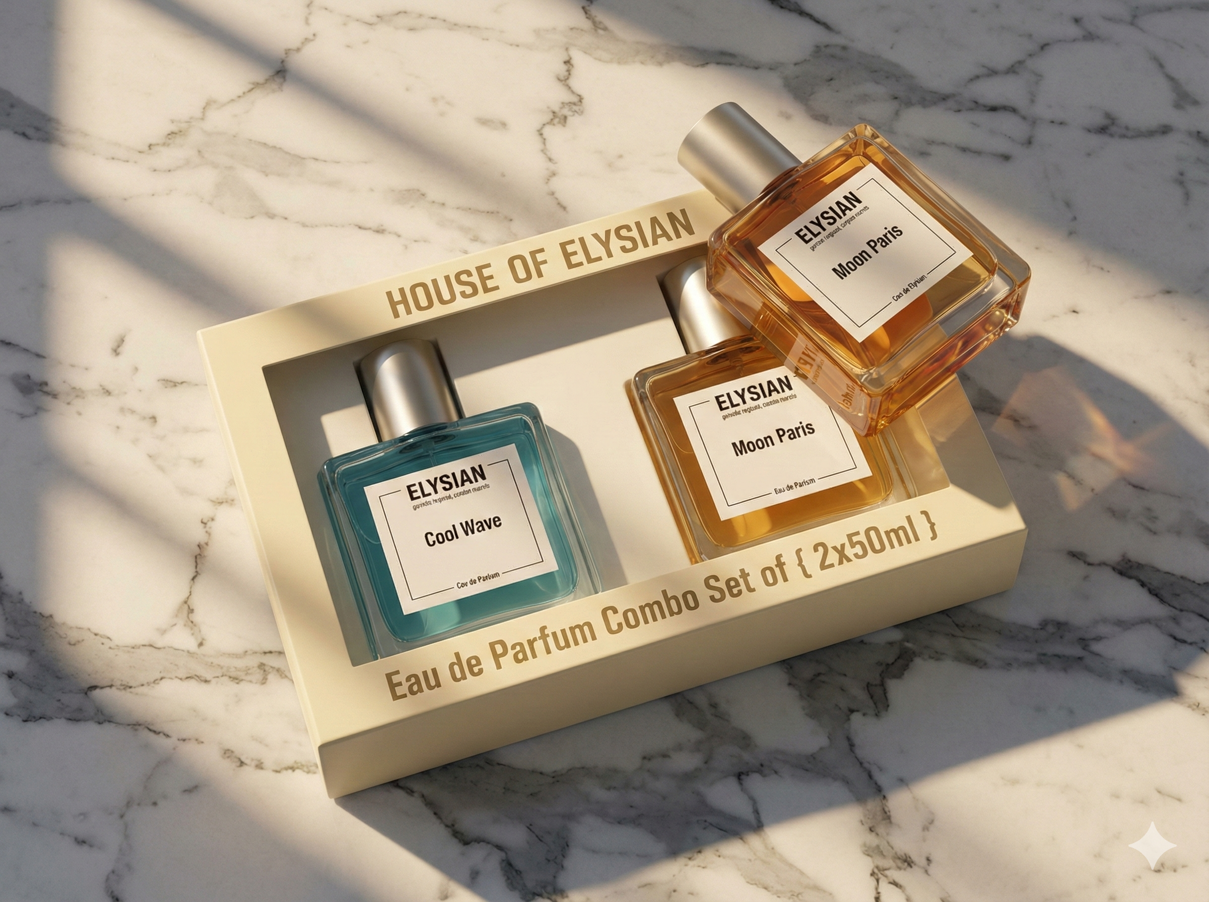Two Elysian perfume bottles in a box on a marble surface