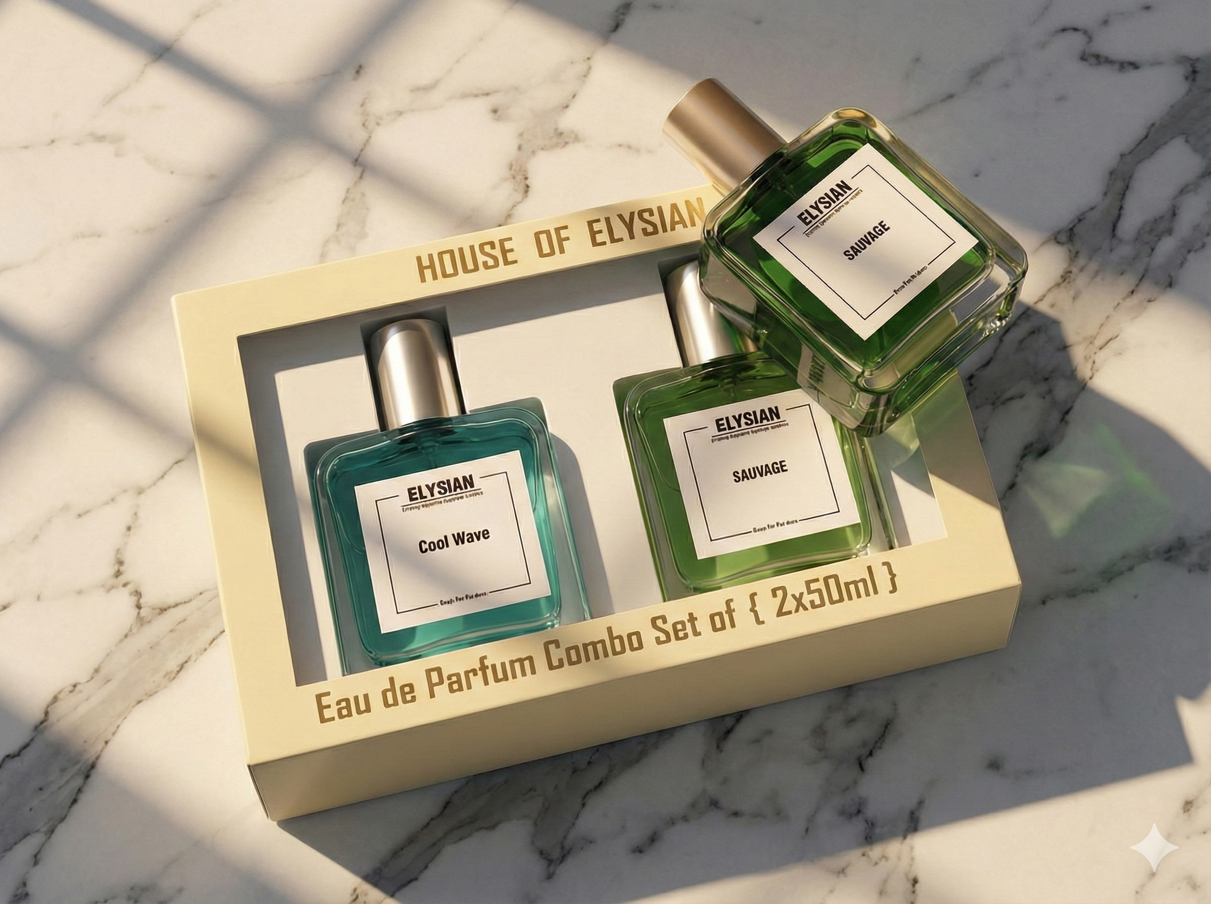 Two Elysiian perfume bottles in a box on a marble surface