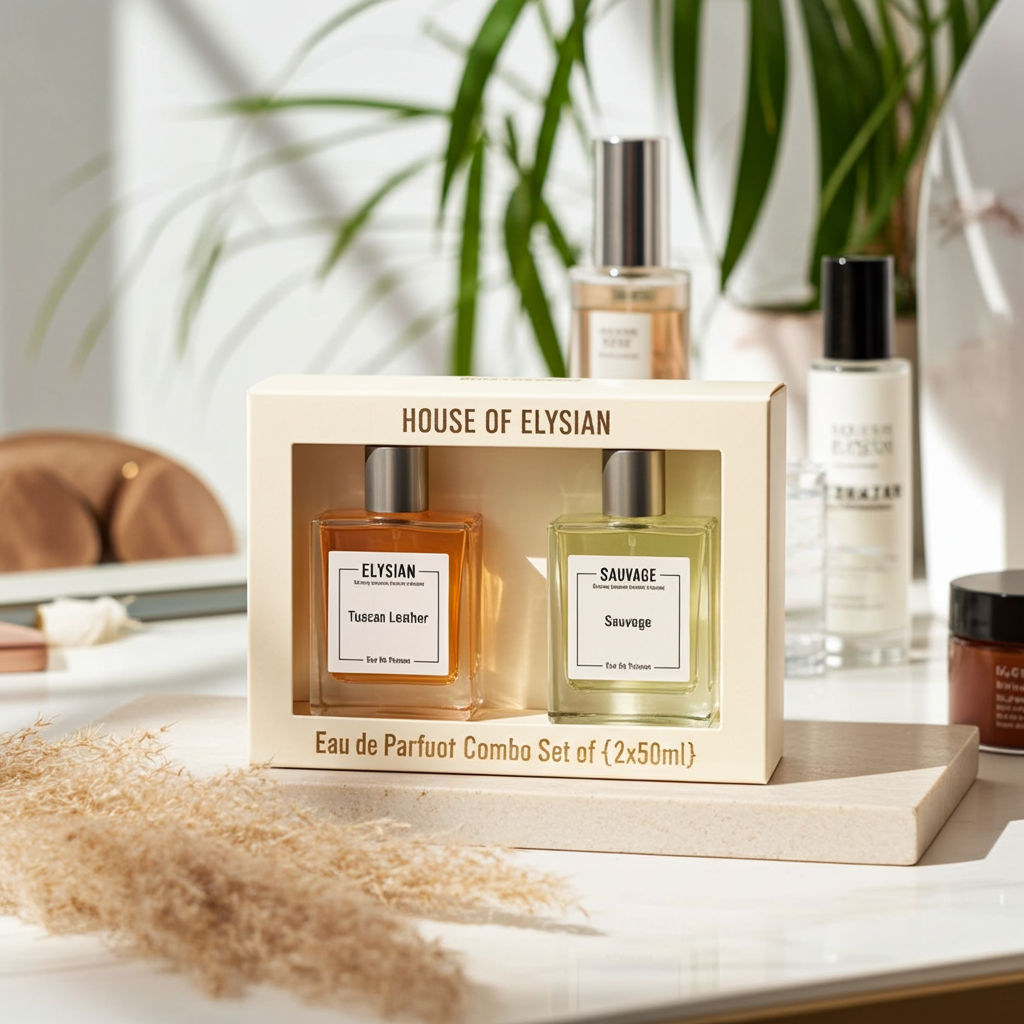 House of Elysian perfume set on a table with a blurred background