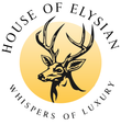 Logo of House of Elysian with a deer head design on a yellow background