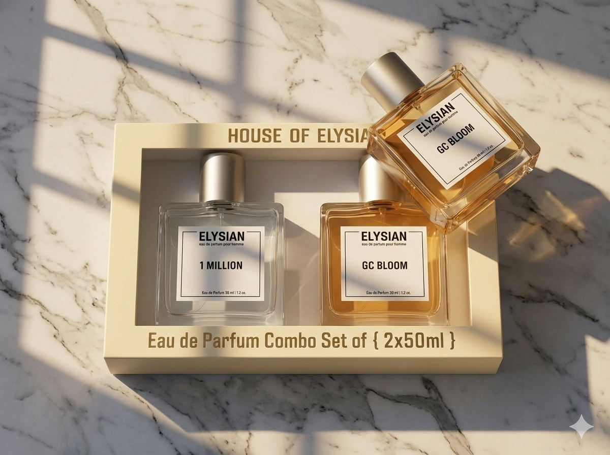 Elysian Eau de Parfum Combo Set on a marble surface
