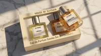House of Elysian perfume set on a marble surface