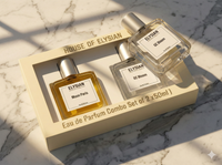 Elysian perfume set with two bottles in a box on a marble surface