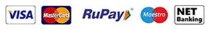 Logos of Visa, Mastercard, RuPay, Maestro, and NET Banking on a white background