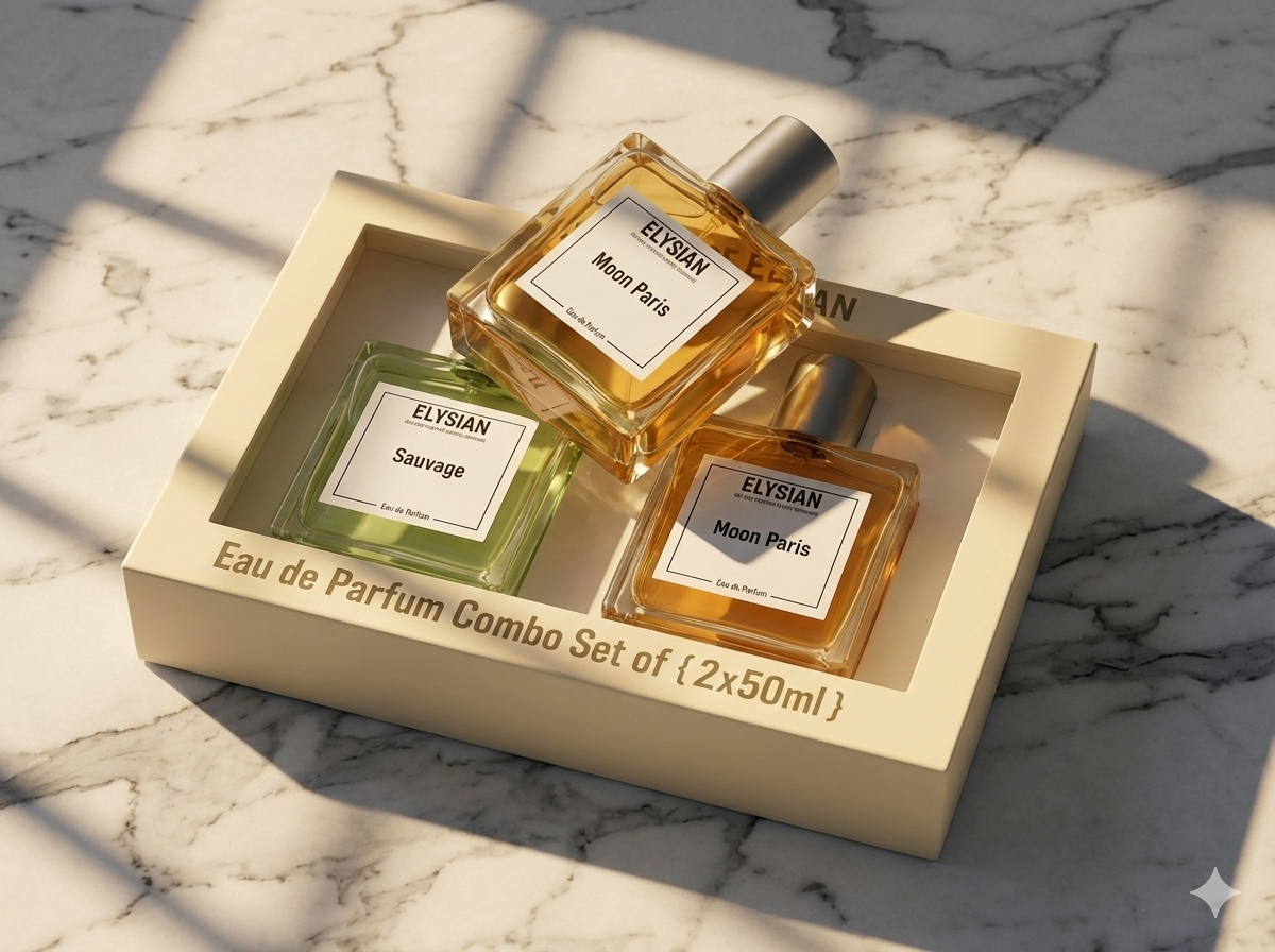 Set of Elysian perfume bottles in a wooden box on a marble surface