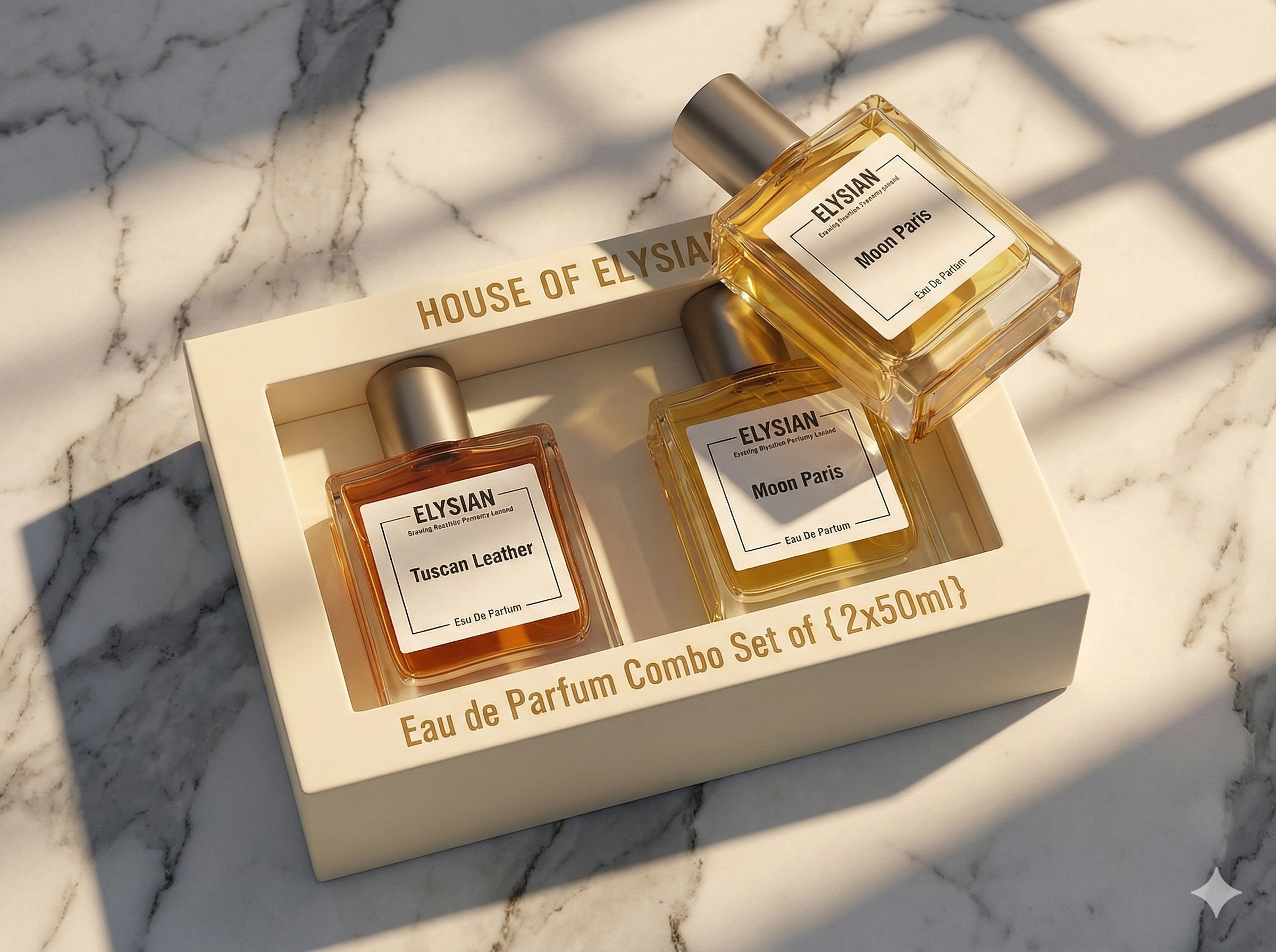 Two Elysian perfume bottles in a box on a marble surface